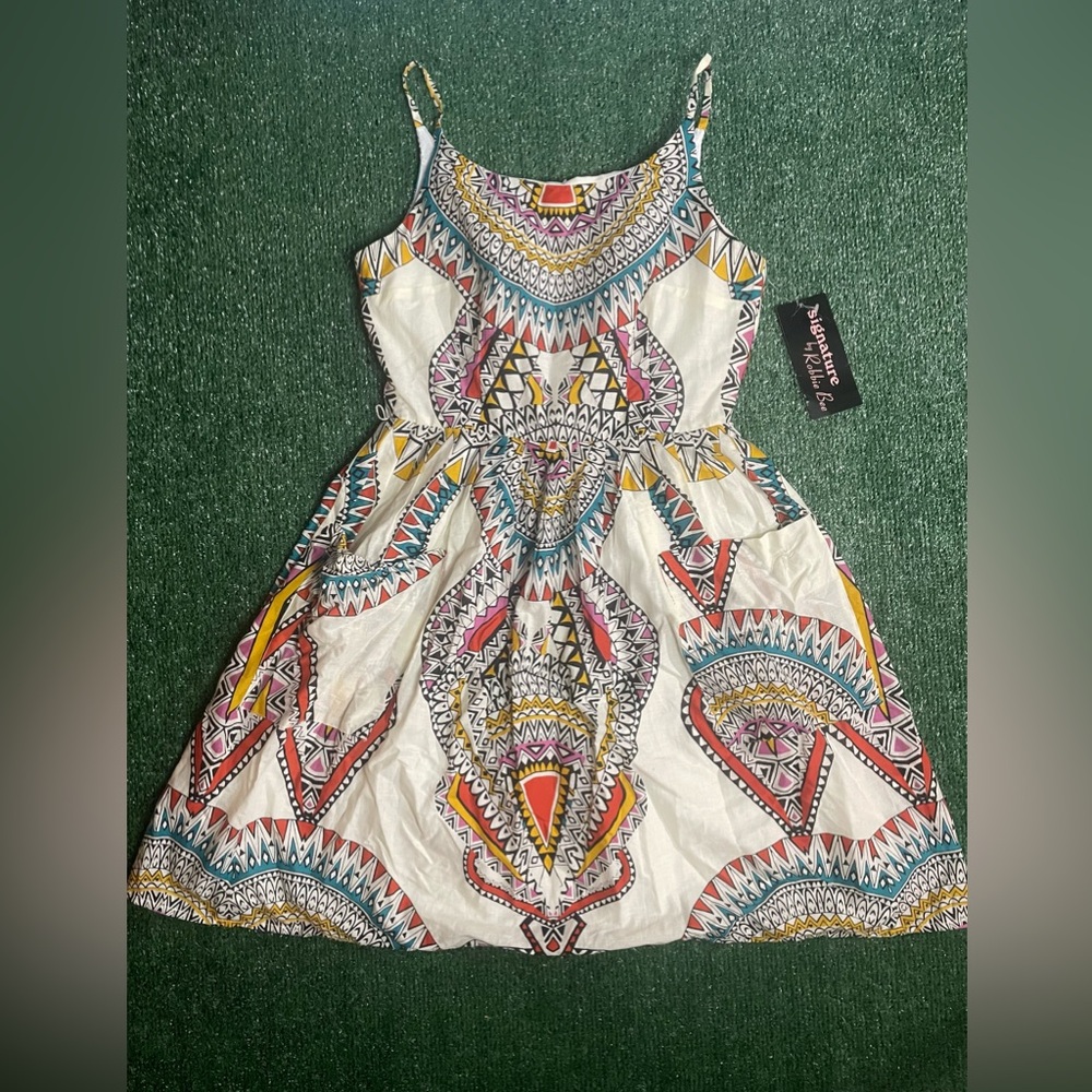 Robbie Bee White Sundress with Multicolor Aztec Print